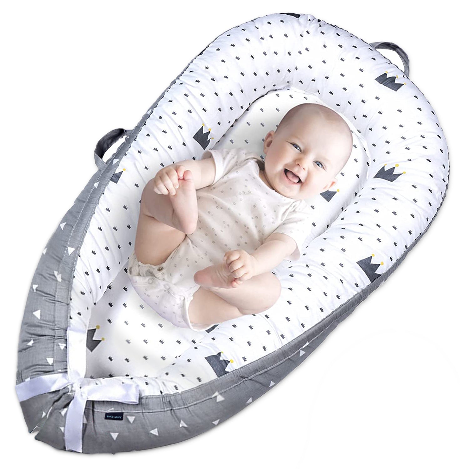 LITTLE STORY Soft Breathable Fiberfill Newborn Lounger Bed - Royal Grey