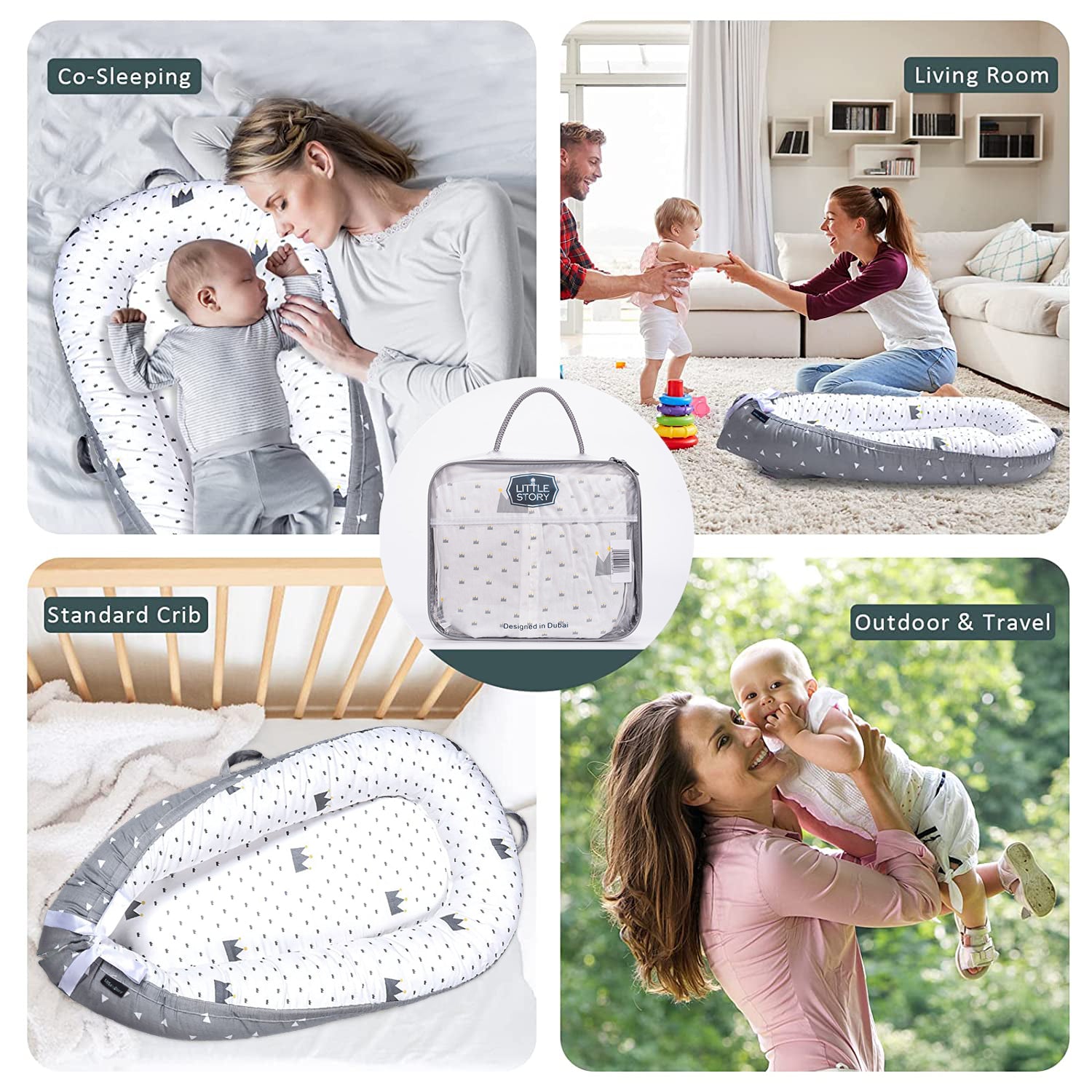 LITTLE STORY Soft Breathable Fiberfill Newborn Lounger Bed - Royal Grey