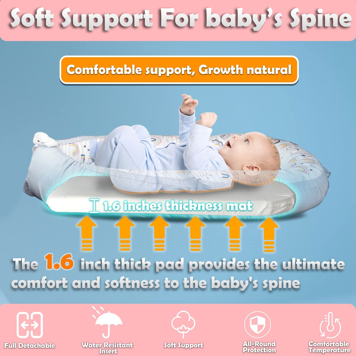 LITTLE STORY Soft Breathable Fiberfill Newborn Lounger Bed - Sunshine Grey