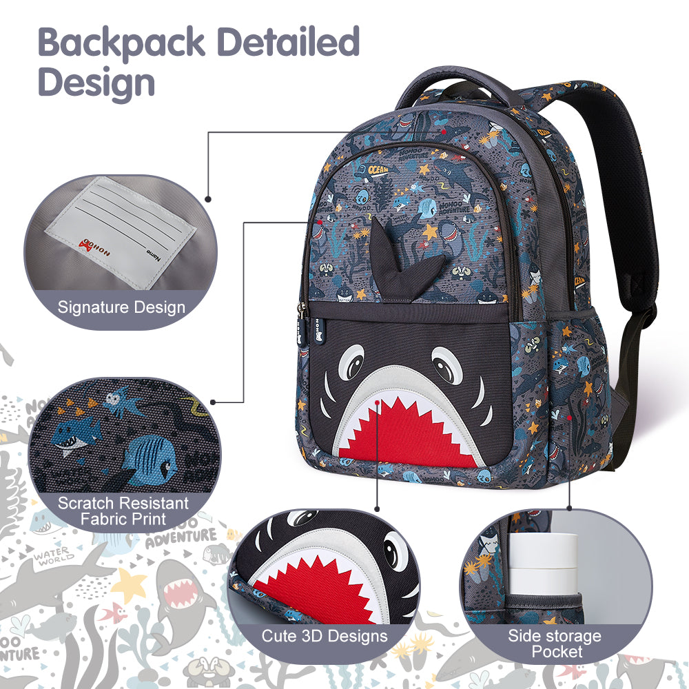 NOHOO Kids 16 Inch School Bag Shark - Grey
