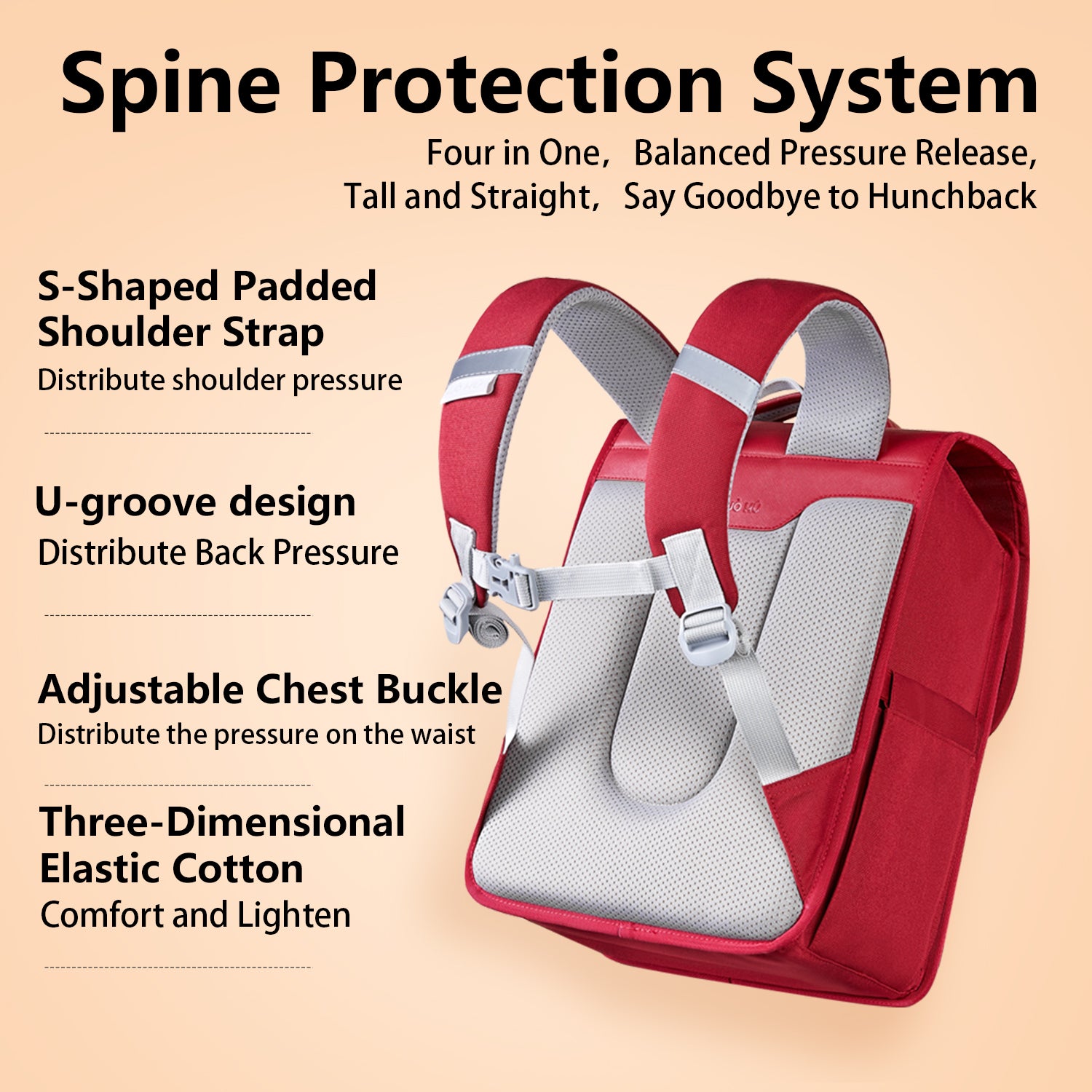 NOHOO Preppy Spine Protection Horizontal School Backpack for 0 - 5 Grade Primary Students - Red