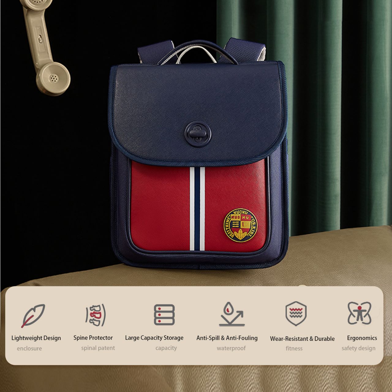 NOHOO Preppy Spine Protection School Backpack for 0 - 5 Grade Primary Students - Blue