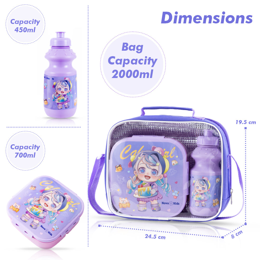 NOVA KIDS Lunch Box and Water Bottle With Lunch Bag - Cute Kids Purple