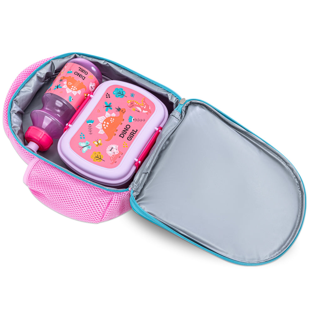 NOVA KIDS Lunch Bag Combo w/Lunch Box and Water Bottle - Dinosaurs Pink