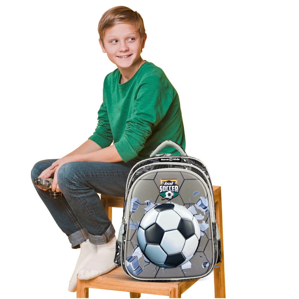 NOVA KIDS 3D School Bag - Soccer Grey, 16.5 inch