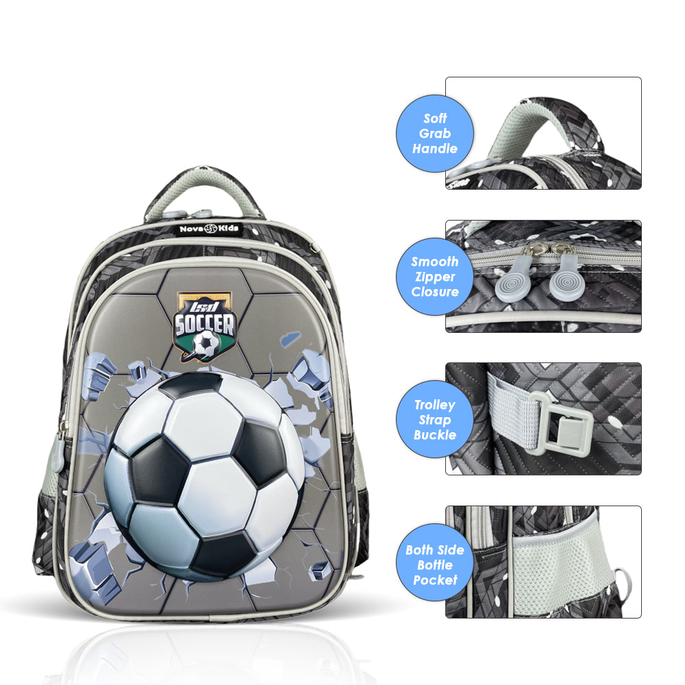 NOVA KIDS 3D School Bag - Soccer Grey, 16.5 inch