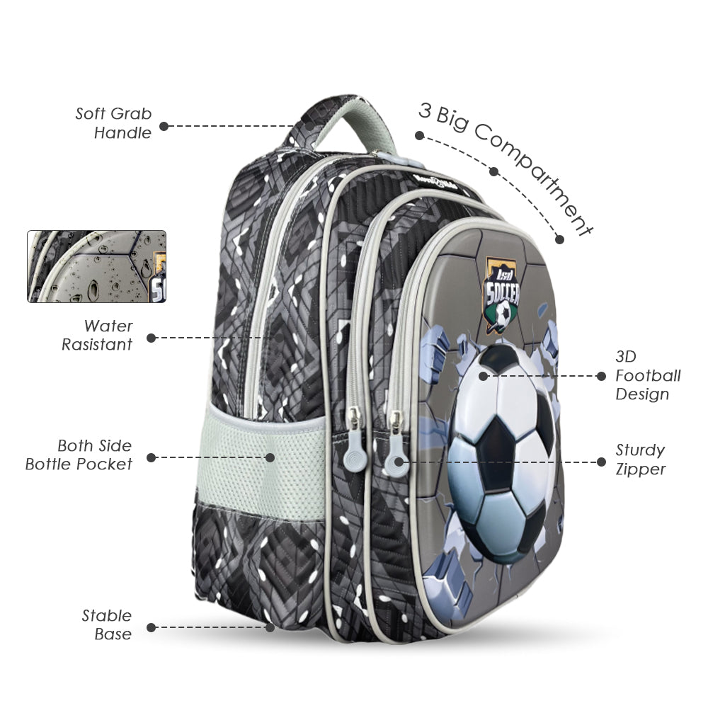 NOVA KIDS 3D School Bag - Soccer Grey, 16.5 inch