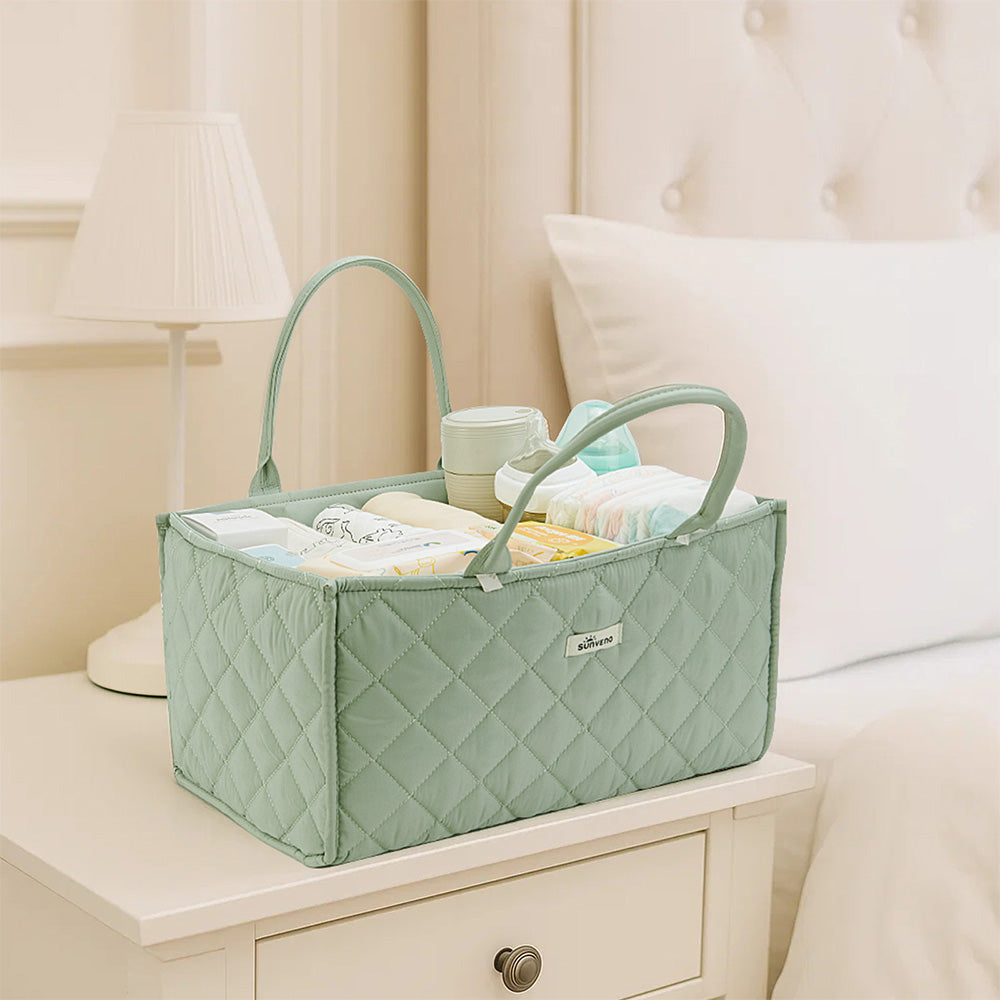 Sunveno Foldable Baby Nursery Organizer Caddy with Removable Dividers & Carry Handles, Sage Green