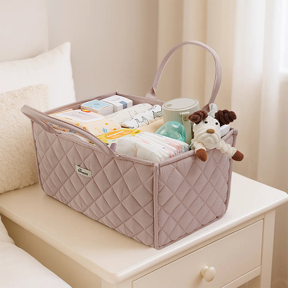 Sunveno Foldable Baby Nursery Organizer Caddy with Removable Dividers & Carry Handles, Blush Pink