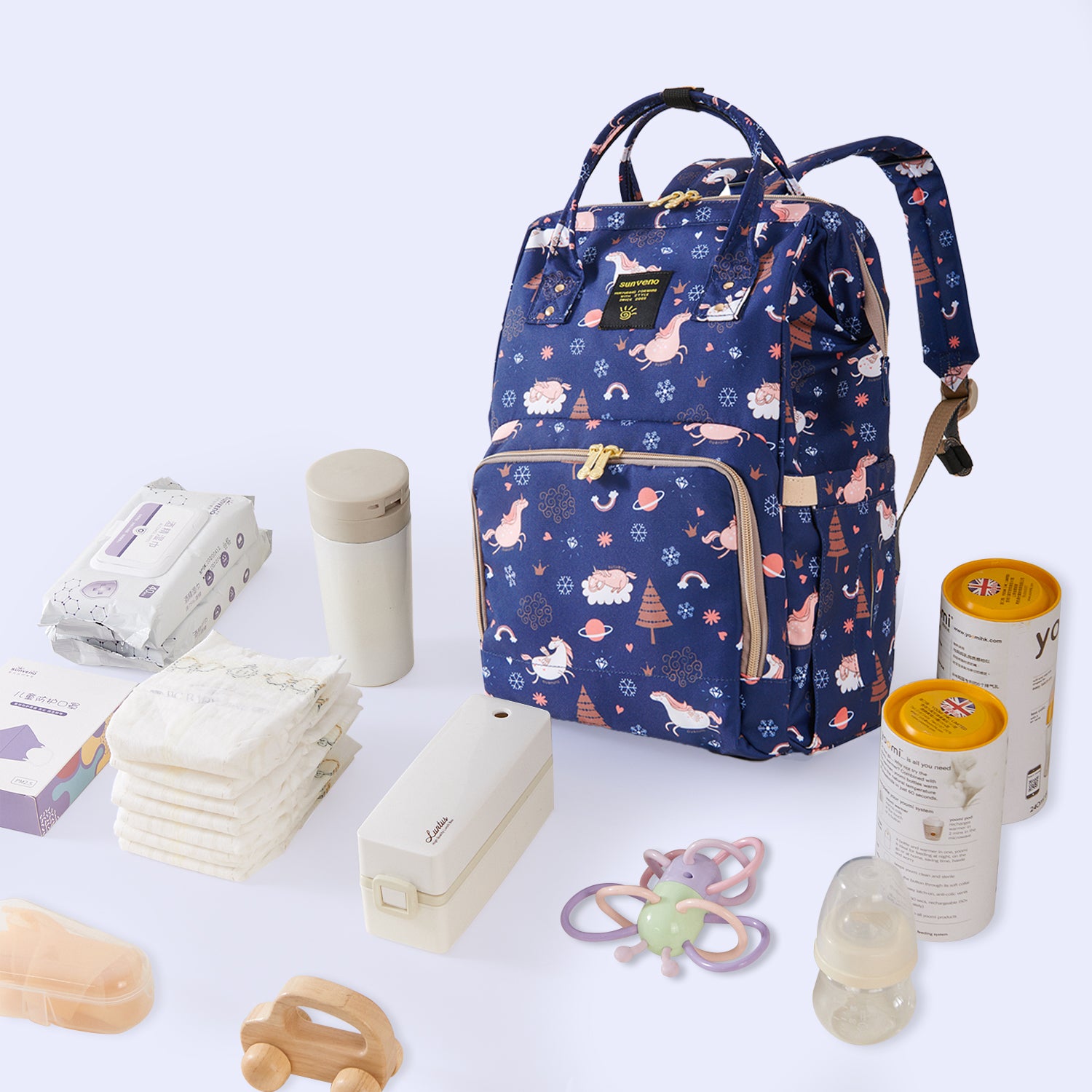 SUNVENO Diaper Bag with USB Charging Port and Changing Mat - Blue Dream Sky