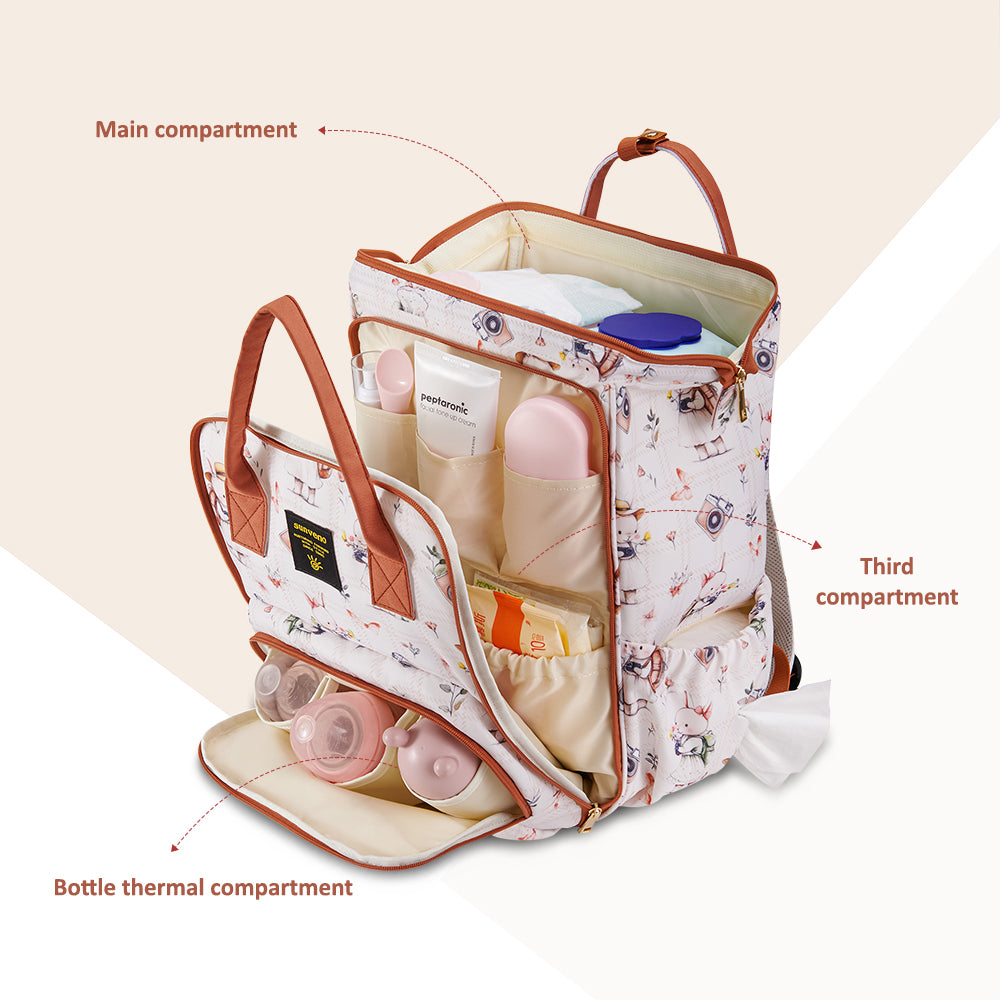 Sunveno Multi-Pocket Diaper Backpack – Waterproof Baby Nappy Bag with Insulated Pockets & Anti-Theft Pocket, Rabbit Brown
