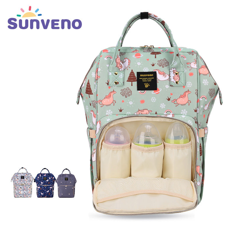 SUNVENO Diaper Bag with USB - Green Dream Sky + Hooks