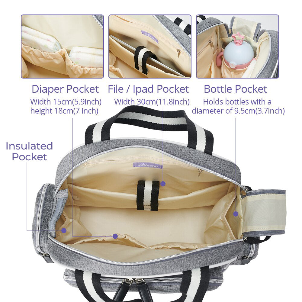SUNVENO Signature Maternity Diaper bag - Grey + Stroller Hooks