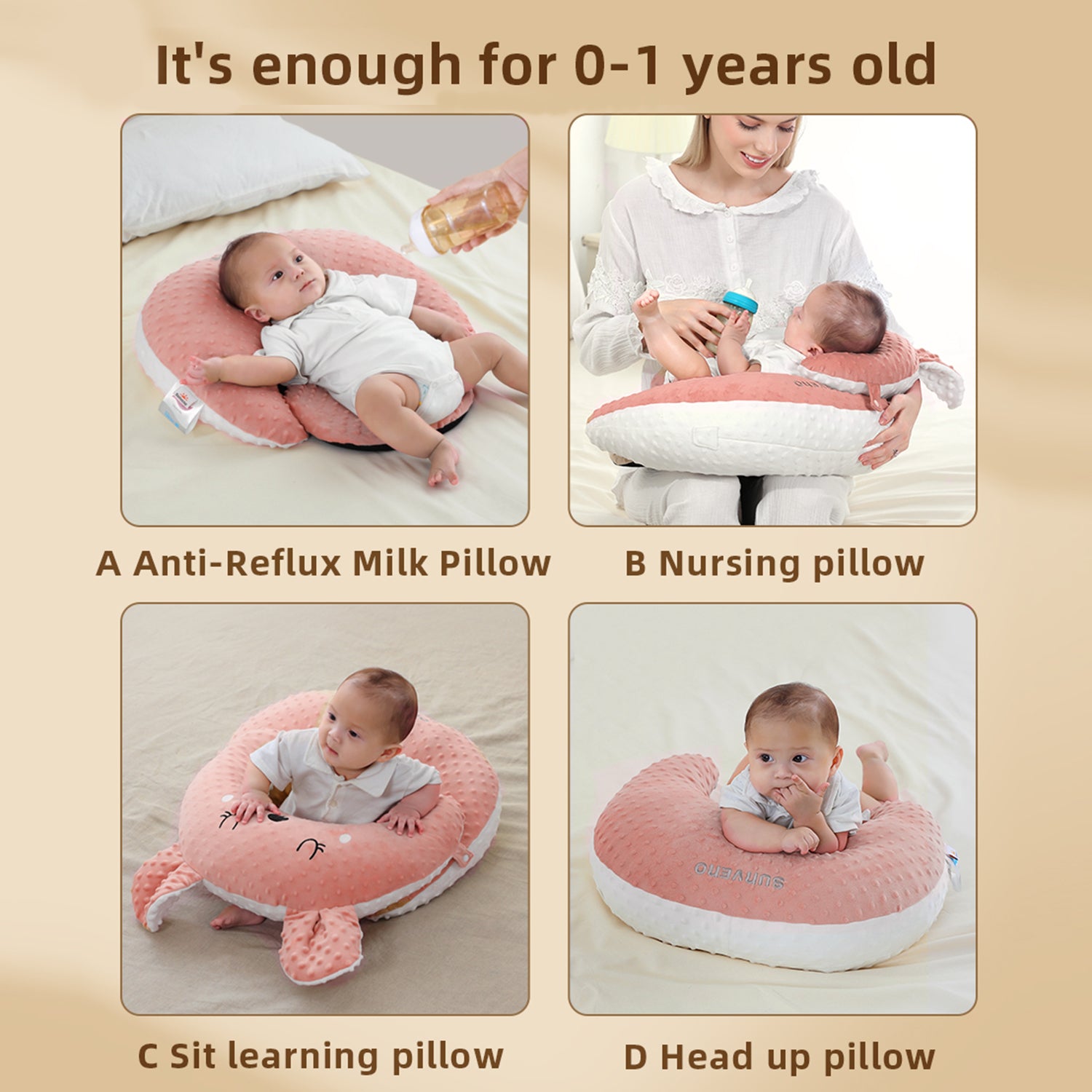 Sunveno Baby Anti - Reflux Feeding Pillow w/C Shapped Seating Pillow - Pink