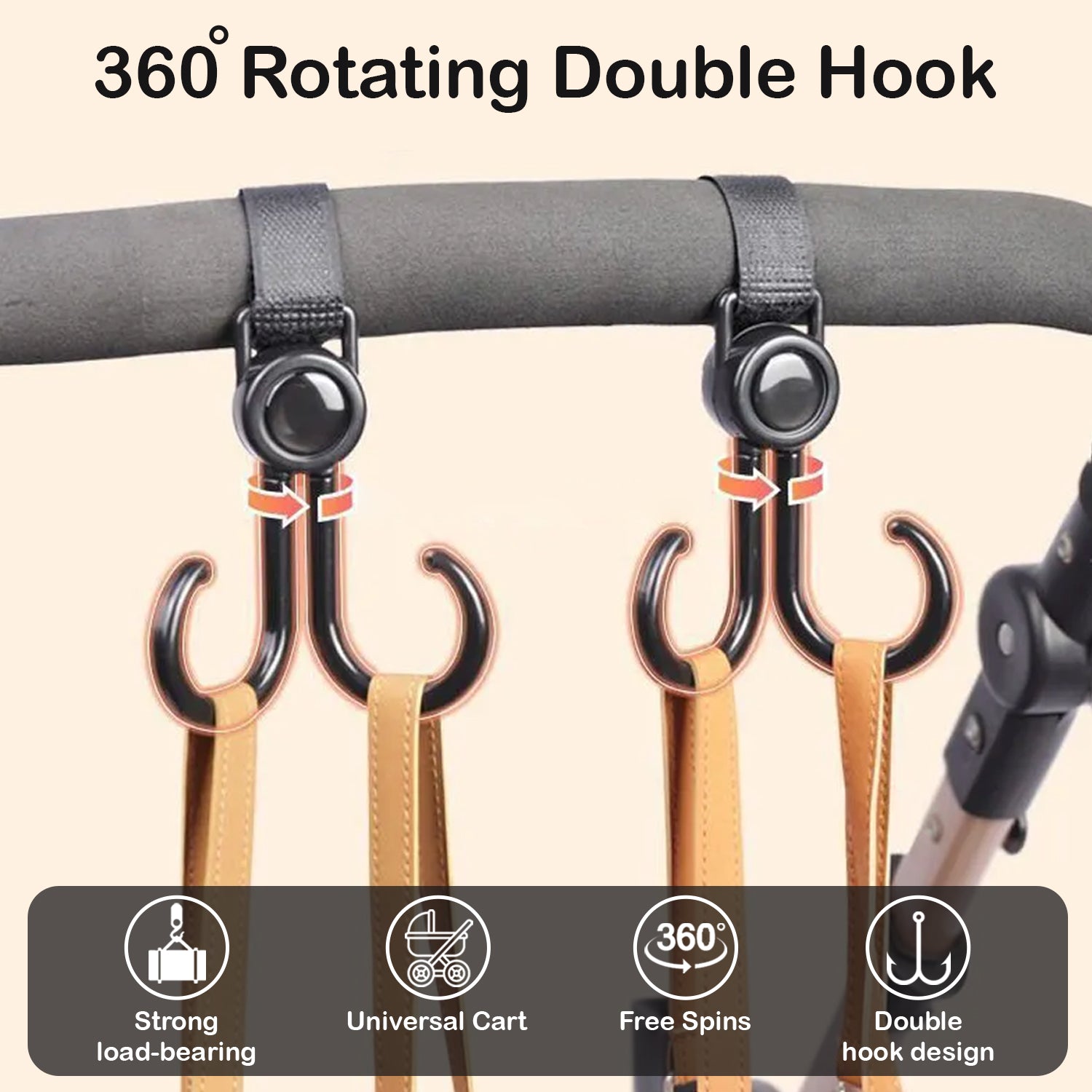 SUNVENO 360° Rotatable and Adjustable Velcro Strap Universal Multipurpose Stroller Hooks (2Pcs)