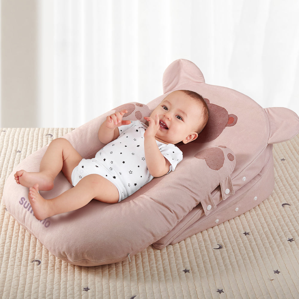 Sunveno Portable Baby Anti - spill Milk U Shape Pillow w/10Β° & 15Β° Slope pad Bear Pink