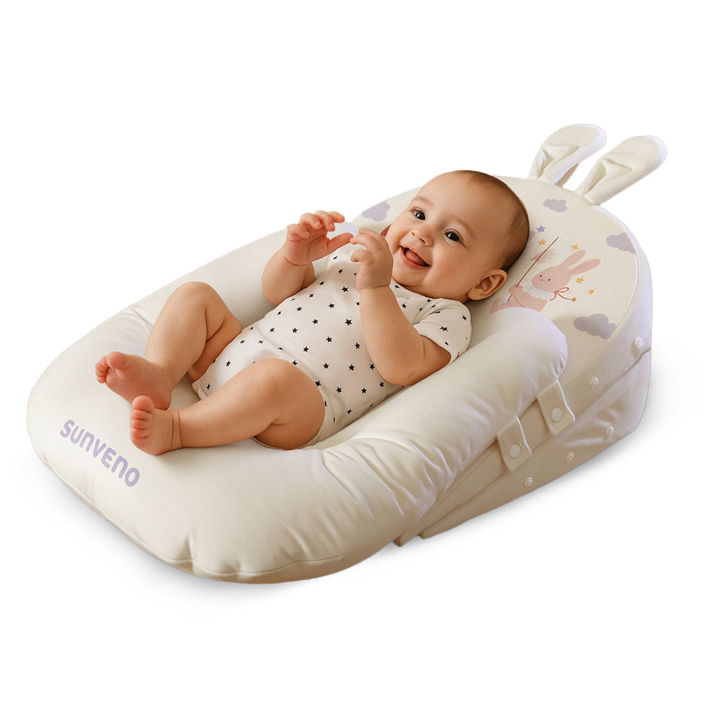 Sunveno Portable Baby Anti - spill Milk U Shape Pillow w/10Β° & 15Β° Slope pad _ Rabbit White