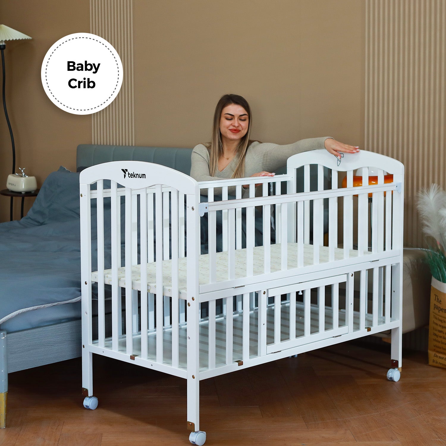 TEKNUM - سرير خشبي جانبي 4 في 1 مع مساحة تخزين وتعديل الارتفاع - أبيض