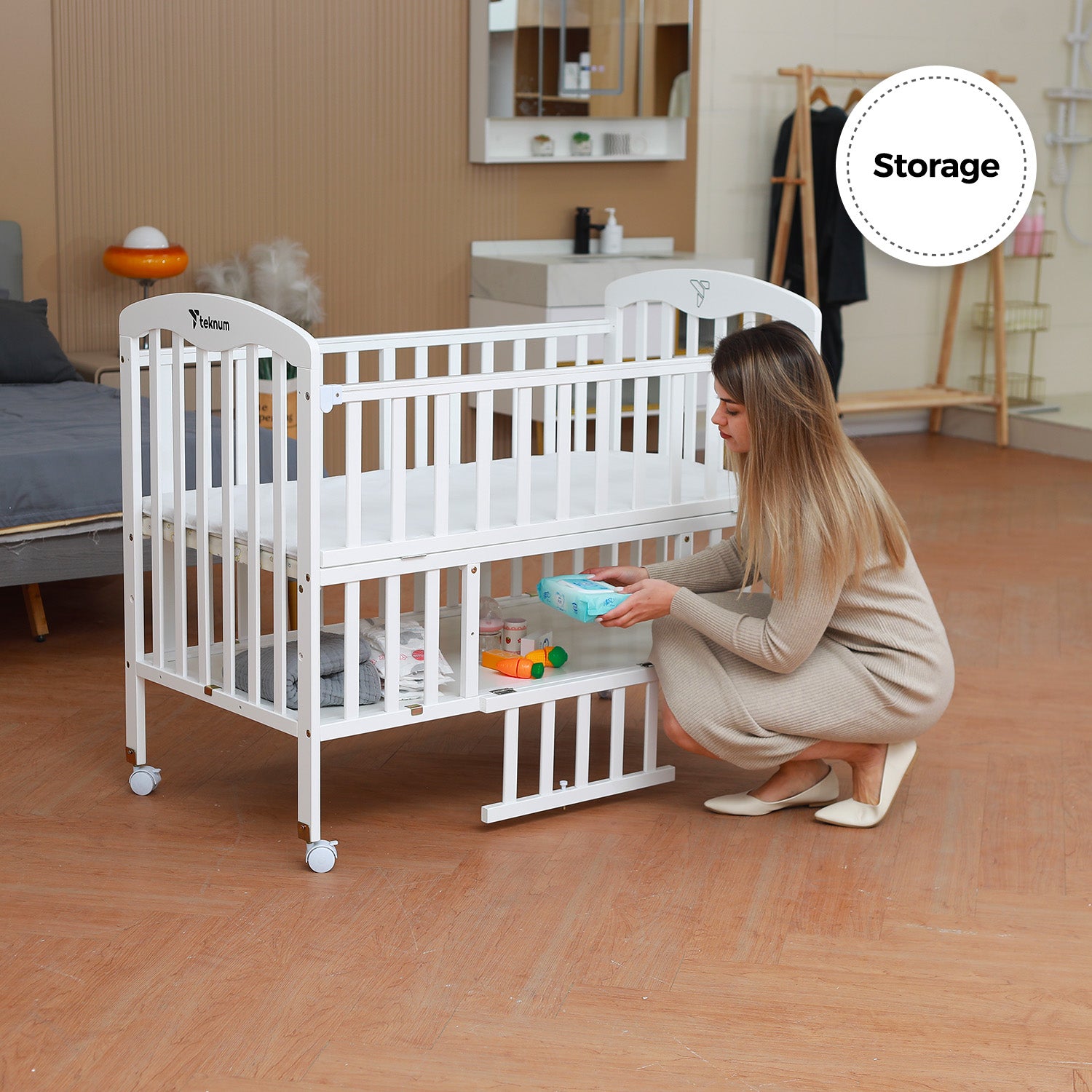 TEKNUM - سرير خشبي جانبي 4 في 1 مع مساحة تخزين وتعديل الارتفاع - أبيض