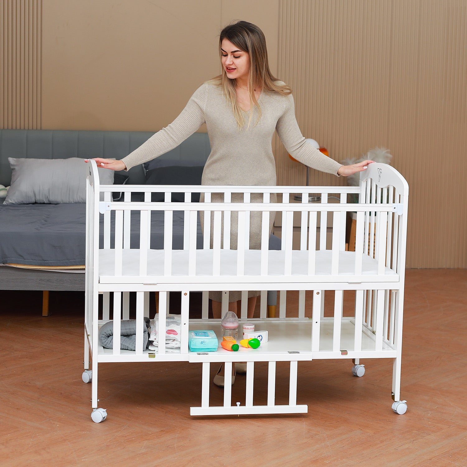 TEKNUM - سرير خشبي جانبي 4 في 1 مع مساحة تخزين وتعديل الارتفاع - أبيض