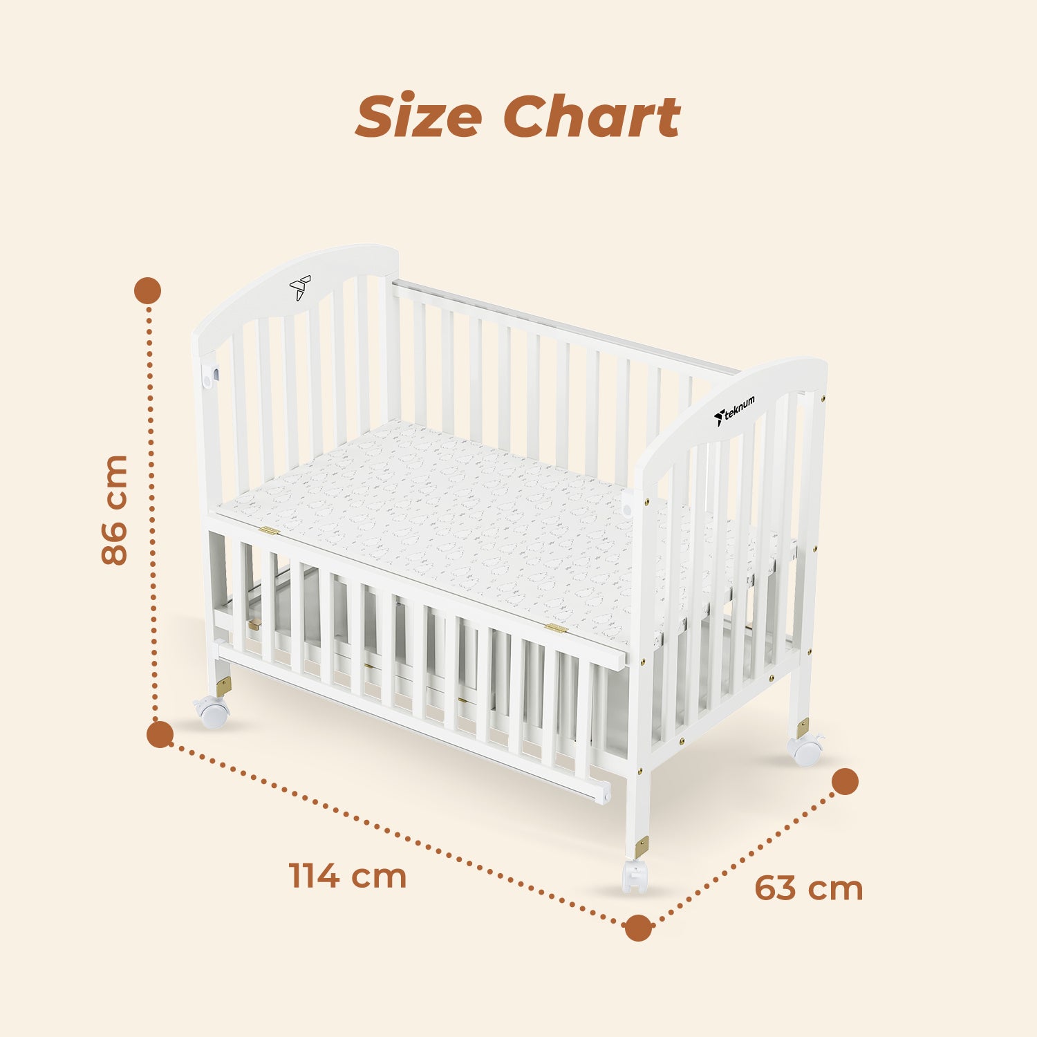 TEKNUM - سرير خشبي جانبي 4 في 1 مع مساحة تخزين وتعديل الارتفاع - أبيض