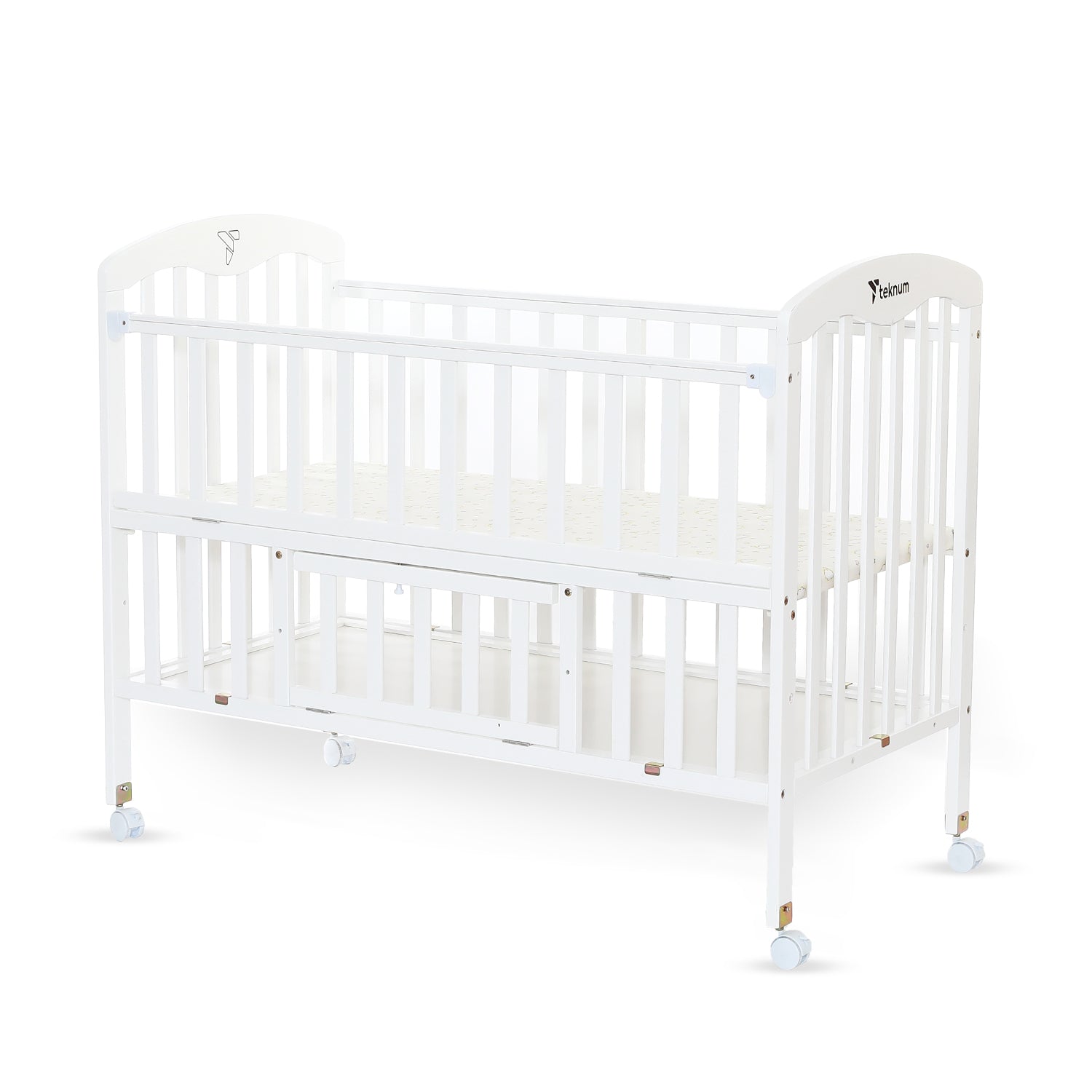 TEKNUM - سرير خشبي جانبي 4 في 1 مع مساحة تخزين وتعديل الارتفاع - أبيض