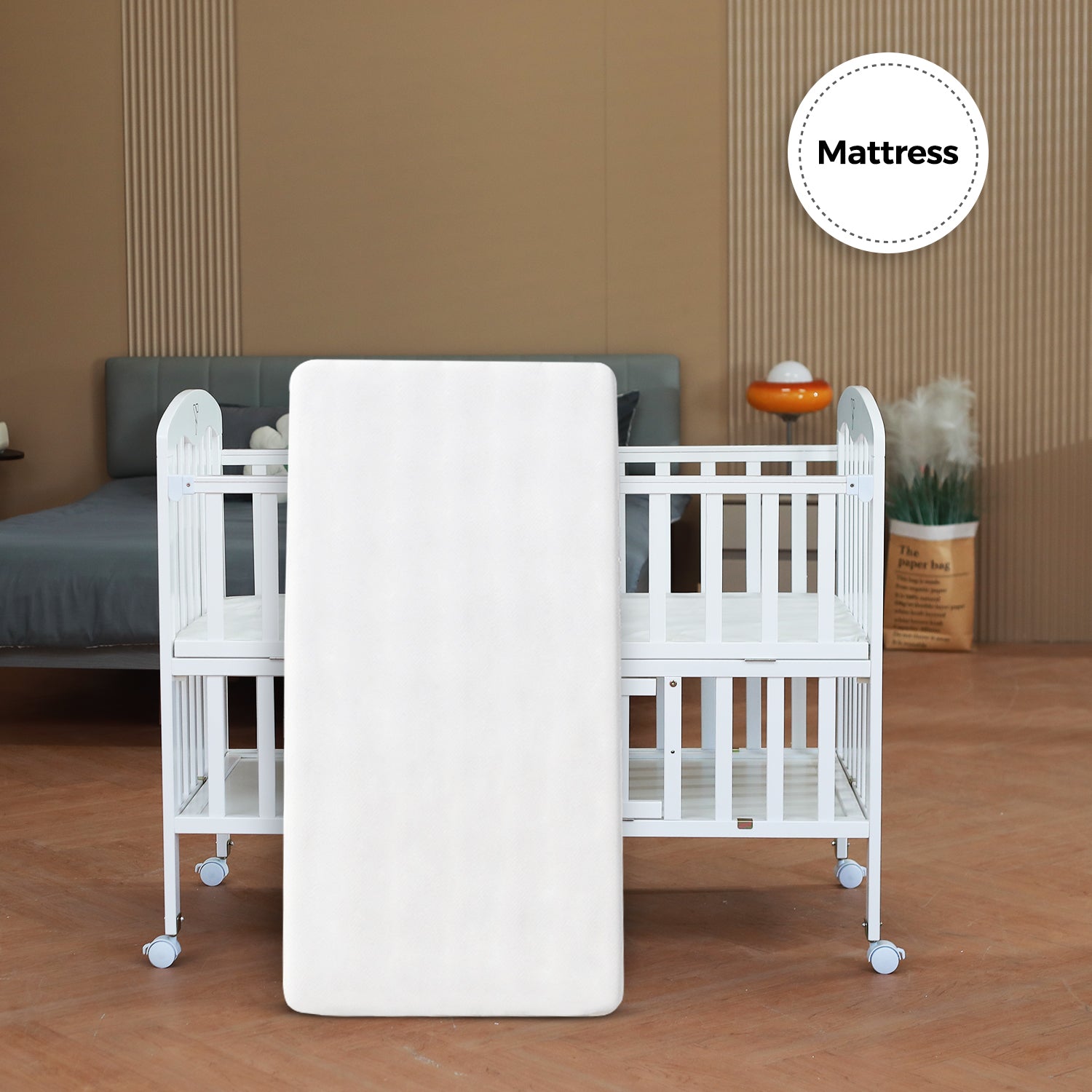 TEKNUM - سرير خشبي جانبي 4 في 1 مع مساحة تخزين وتعديل الارتفاع - أبيض