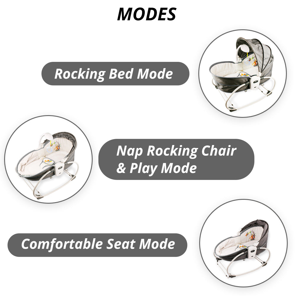 TEKNUM 6 - in - 1 Cozy Rocker Bassinet with Wheels, Awning & Mosquito net - Grey