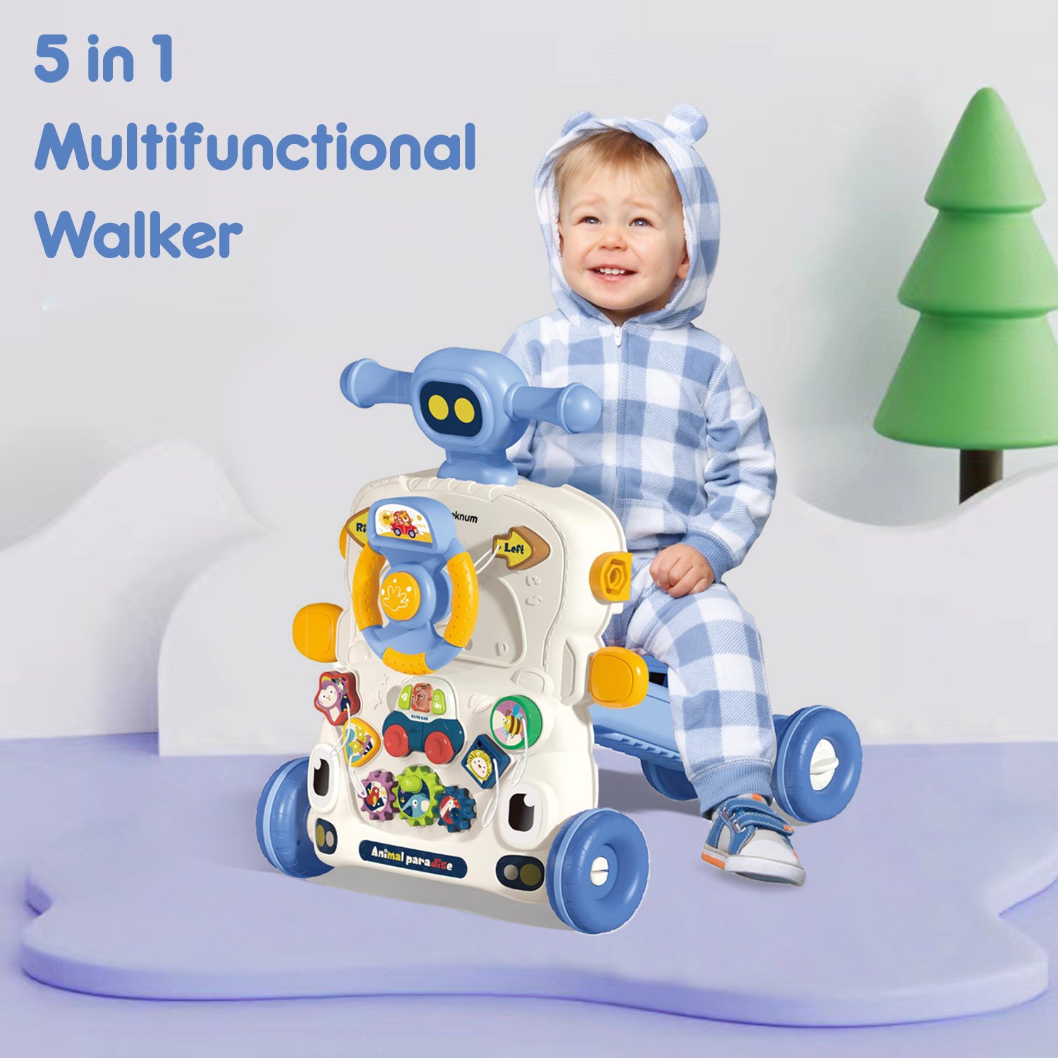 TEKNUM 5 - IN - 1 Baby Walker/Learning Table Mode/Game Panel Mode/Scooter Mode/Roller Coaster Mode with Musical keyboard - Blue
