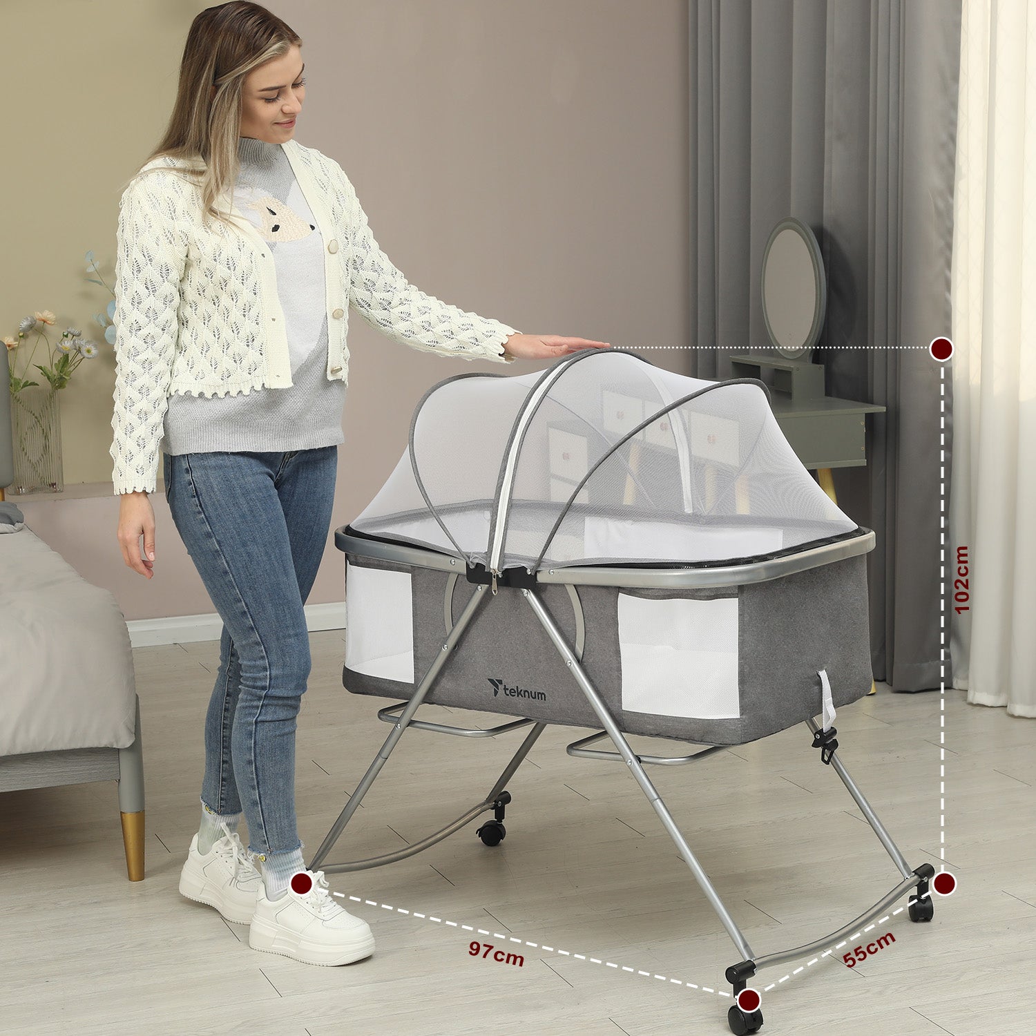 TEKNUM 3 - IN - 1 Baby Cot/Cradle w/Mosquito net & Wheels - Dark Grey