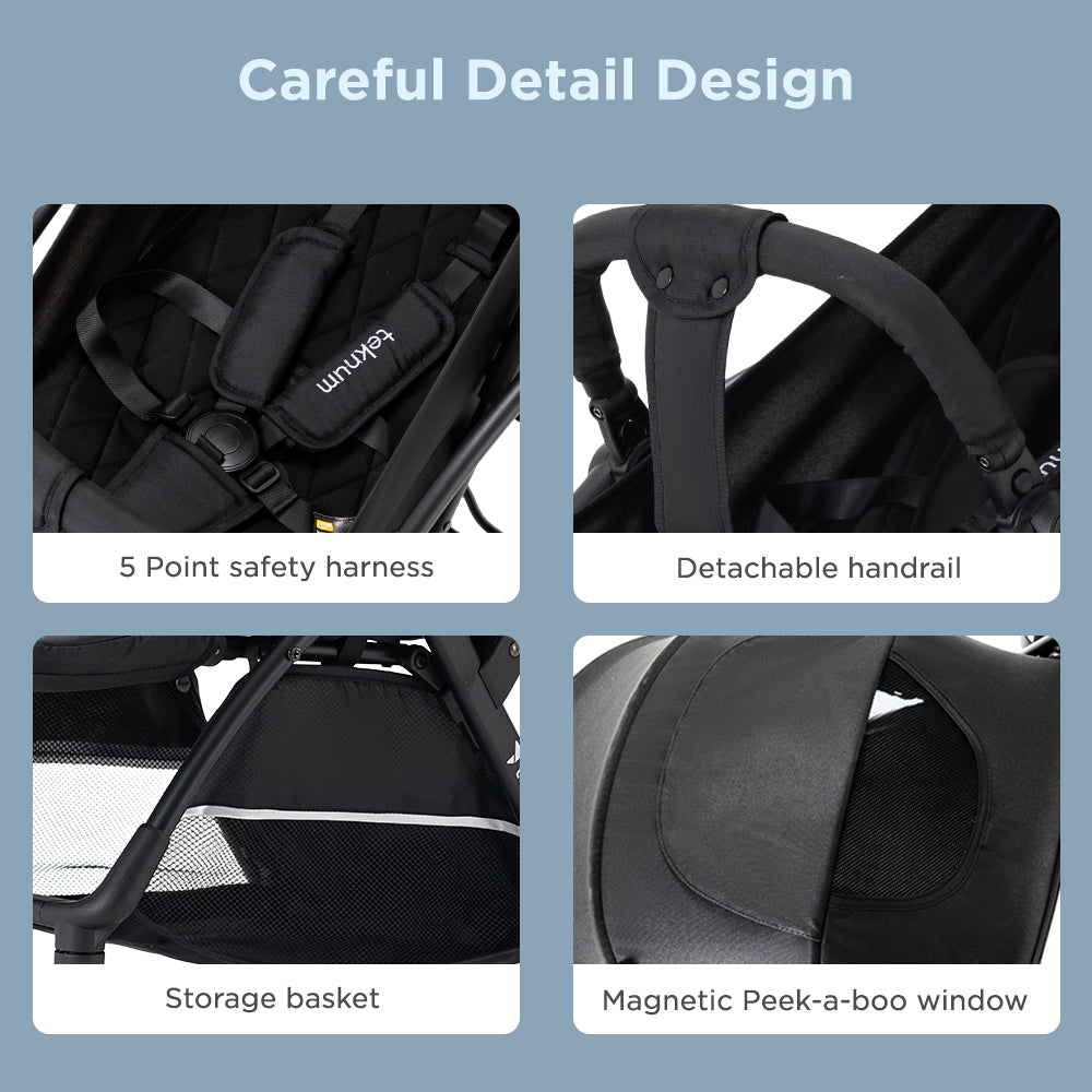 Teknum Explorer 4 Cabin-Friendly Stroller – One-Hand Auto-Fold Reclining Baby Stroller, Black