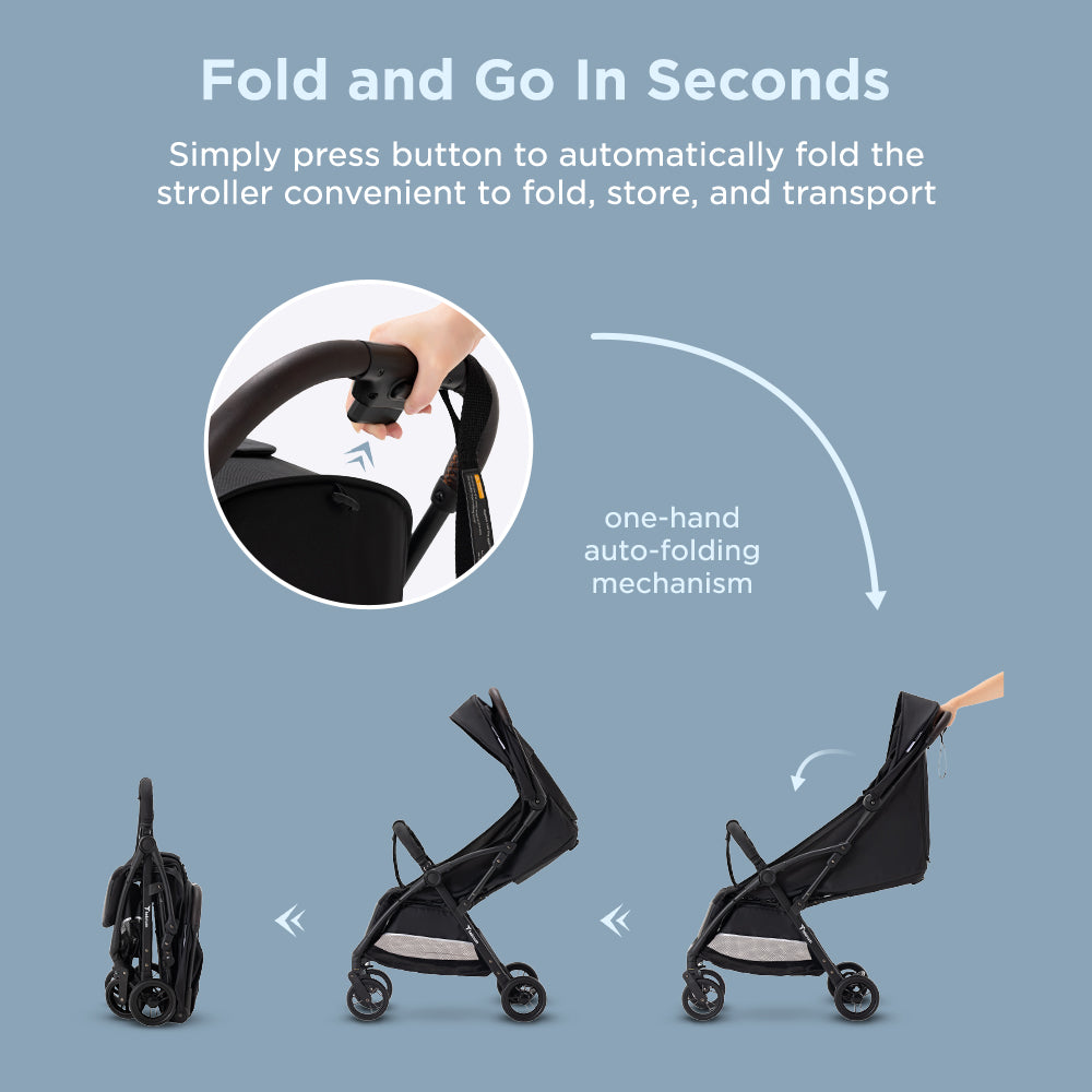 Teknum Explorer 4 Cabin-Friendly Stroller – One-Hand Auto-Fold Reclining Baby Stroller, Black