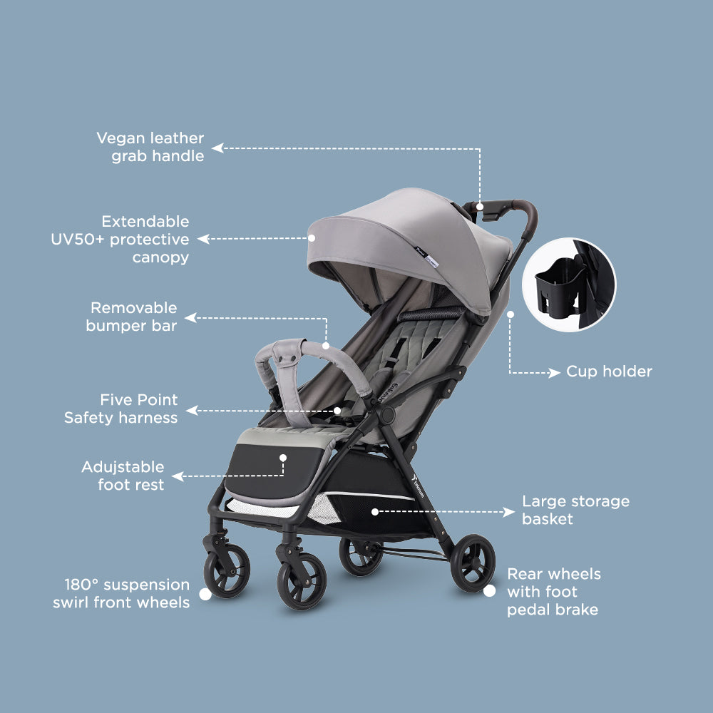 Teknum Explorer 4 Cabin-Friendly Stroller – One-Hand Auto-Fold Reclining Baby Stroller, Grey