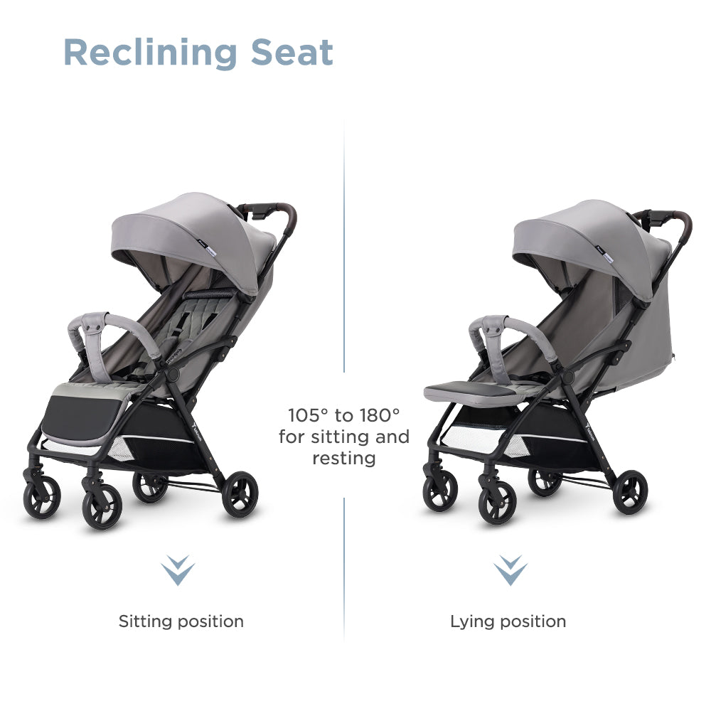 Teknum Explorer 4 Cabin-Friendly Stroller – One-Hand Auto-Fold Reclining Baby Stroller, Grey