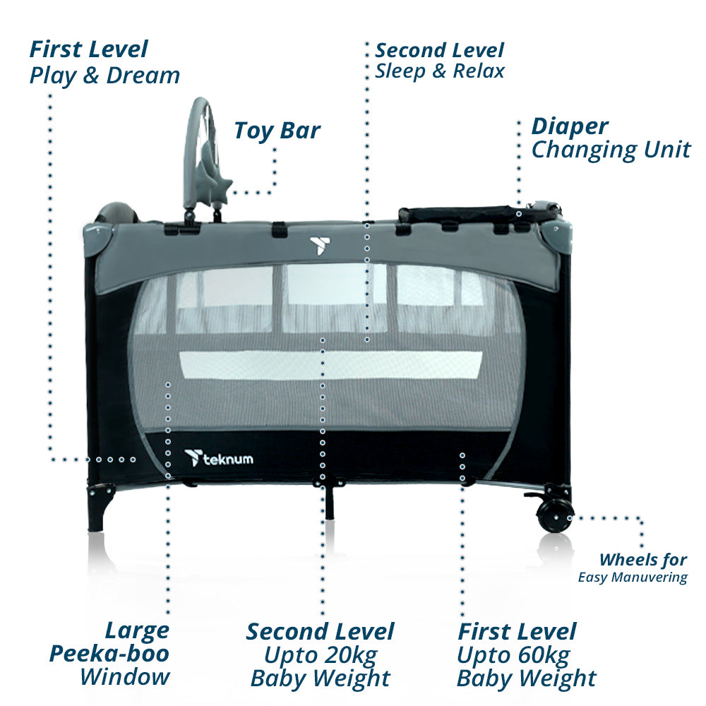 TEKNUM Explorer Playard and Cot Grey