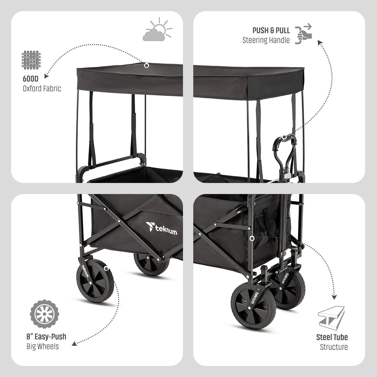 TEKNUM Folding Wagon Cart w/Canopy - Black