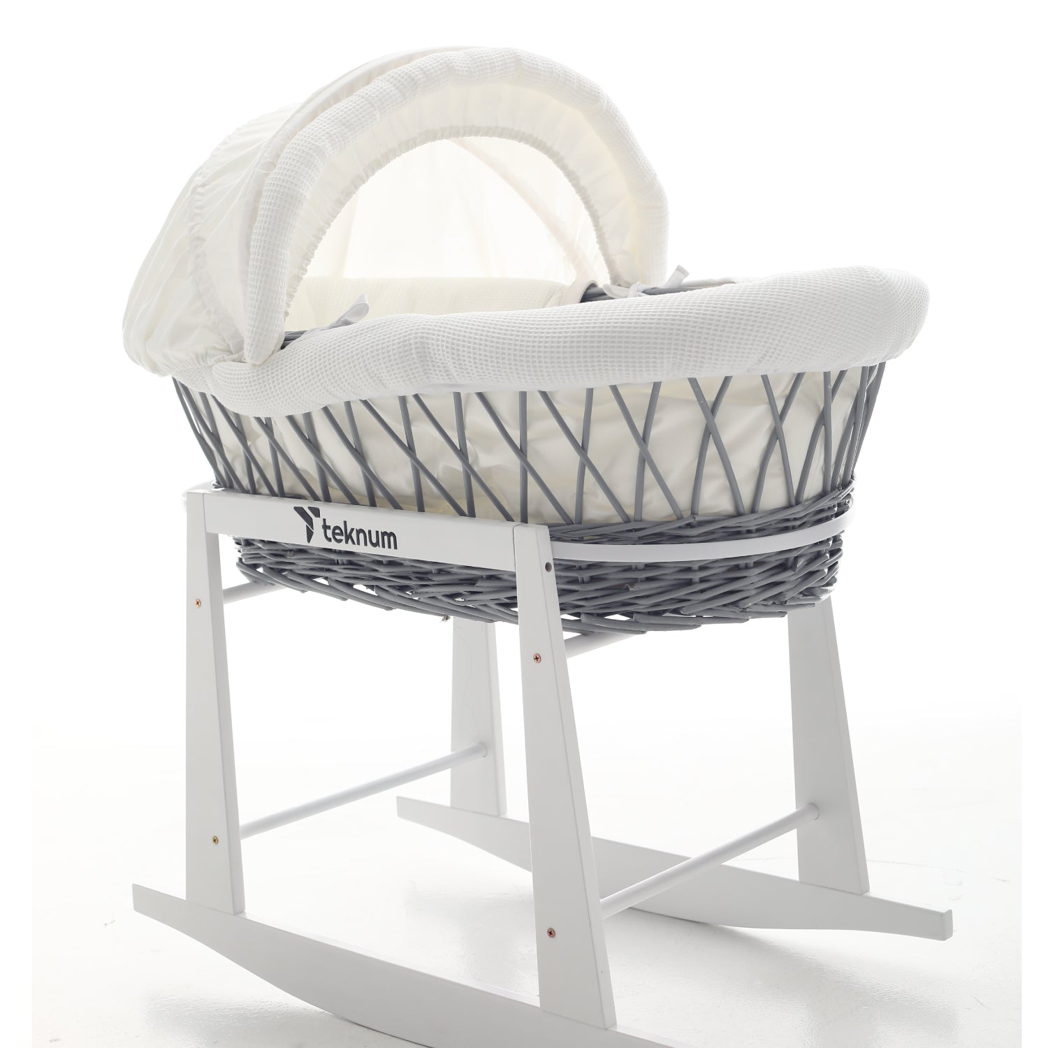 TEKNUM Infant Wicker Moses Basket with White Waffle Beddings & White Rocker Stand - Wooden Grey