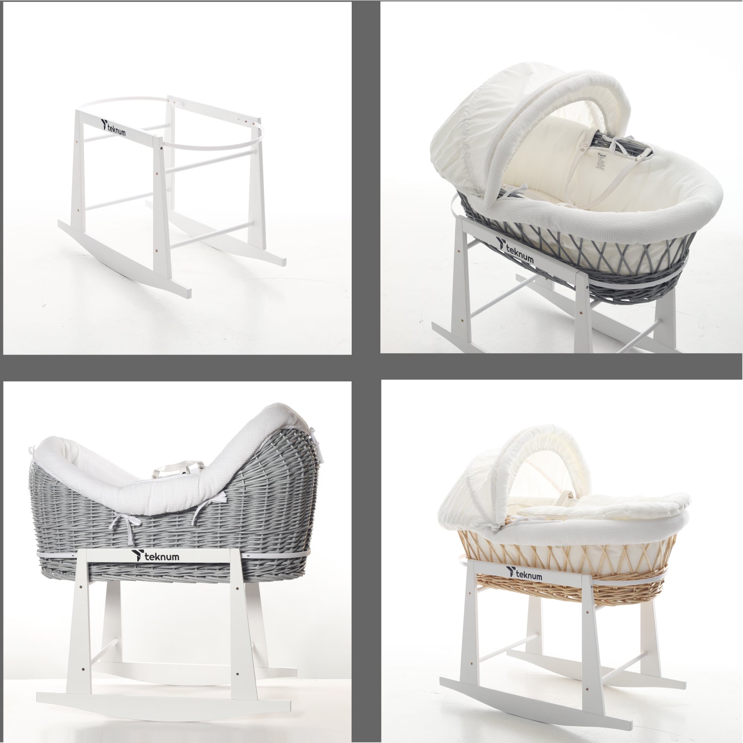 TEKNUM Infant Wicker Moses Basket with White Waffle Beddings & White Rocker Stand - Wooden Grey
