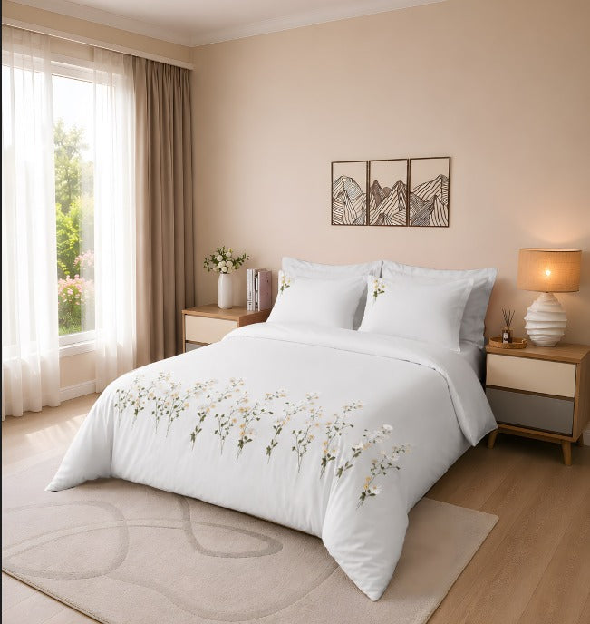 Oryzaa Living -Grace Collection Embroidered Soft Floral Premium 6 Pcs Super King size Comforter Set-White