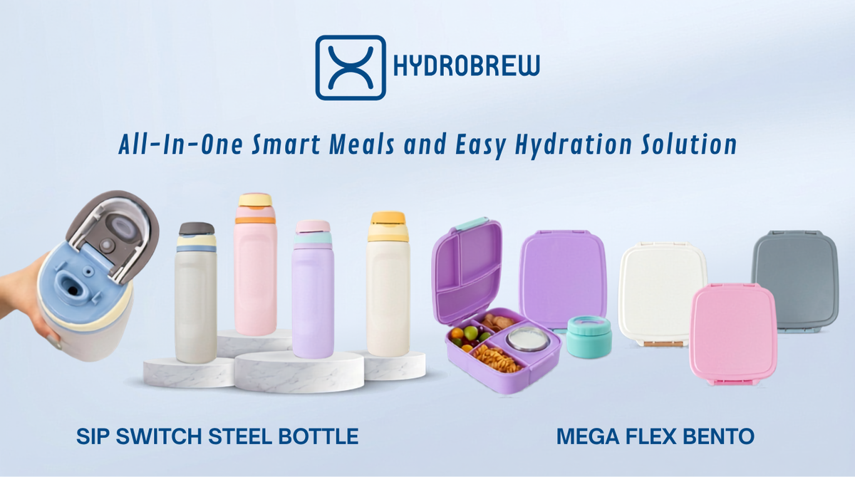 Fuel Your Day, Your Way with Hydrobrew Mega Flex Bento Lunch Box + Sip Switch Stainless Steel Water Bottle