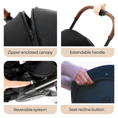 Teknum Stroll 2 Reversible Travel Stroller w/ Quilted Diaper Backpack – Black
