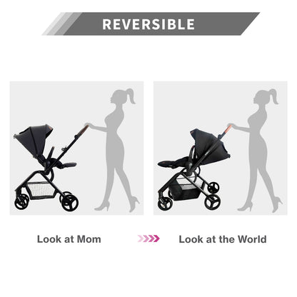 Teknum Stroll 1 Reversible Travel Stroller w/ Diaper Bag Set – Black