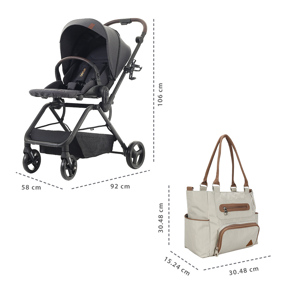 Teknum Stroll 1 Reversible Travel Stroller w/ Diaper Bag Set – Black
