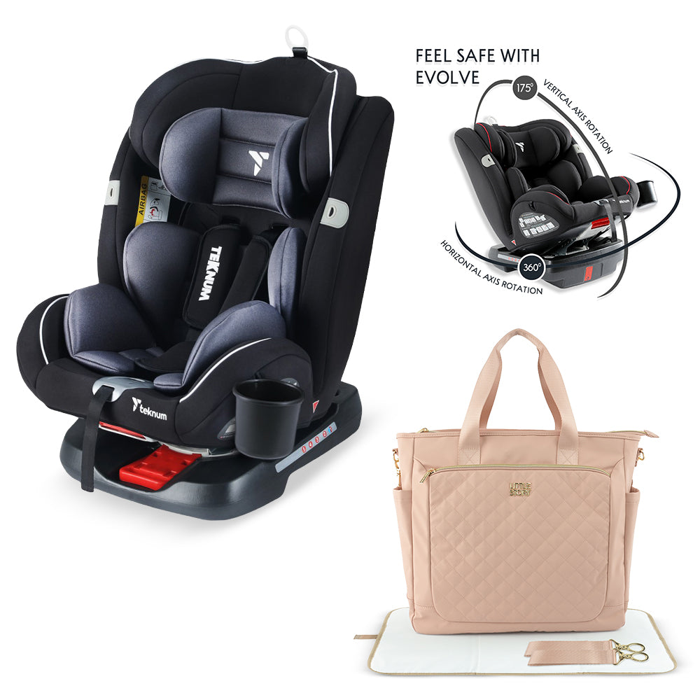 inchTeknum Evolve 360 Car Seat w/ Quilted Mommy Diaper Bag – Grey inch