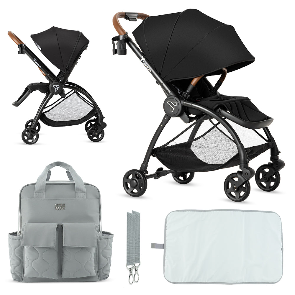 Teknum Stroll 2 Reversible Travel Stroller w/ Quilted Diaper Backpack – Black