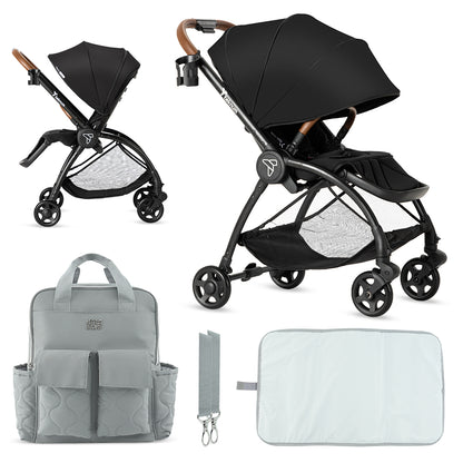 Teknum Stroll 2 Reversible Travel Stroller w/ Quilted Diaper Backpack – Black
