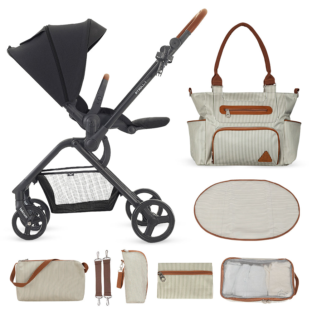 Teknum Stroll 1 Reversible Travel Stroller w/ Diaper Bag Set – Black