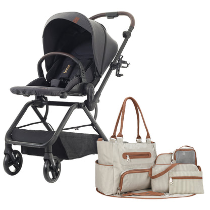 Teknum Stroll 1 Reversible Travel Stroller w/ Diaper Bag Set – Black
