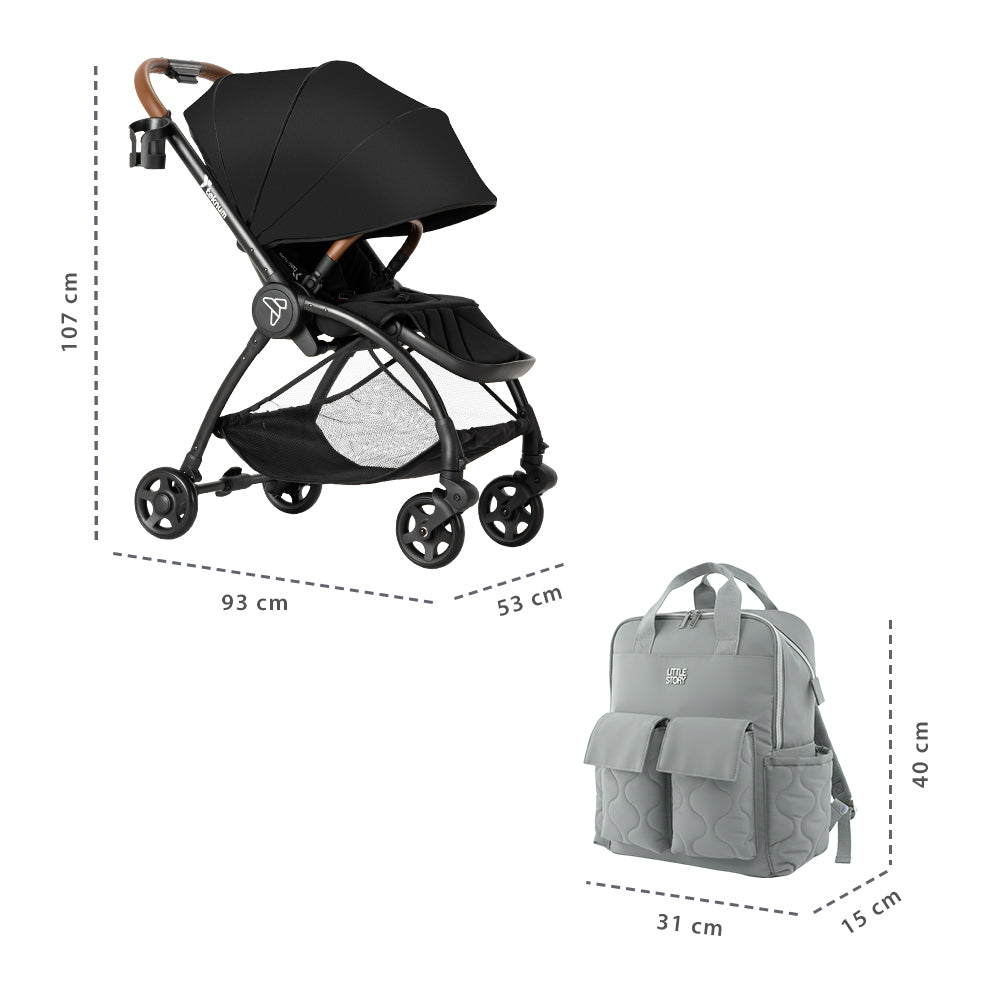 Teknum Stroll 2 Reversible Travel Stroller w/ Quilted Diaper Backpack – Black