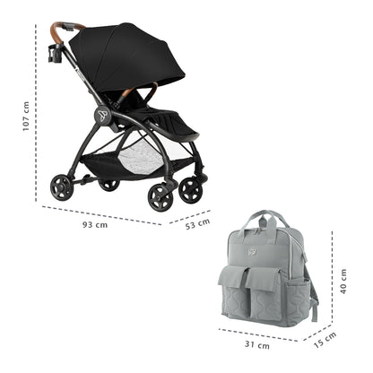 Teknum Stroll 2 Reversible Travel Stroller w/ Quilted Diaper Backpack – Black